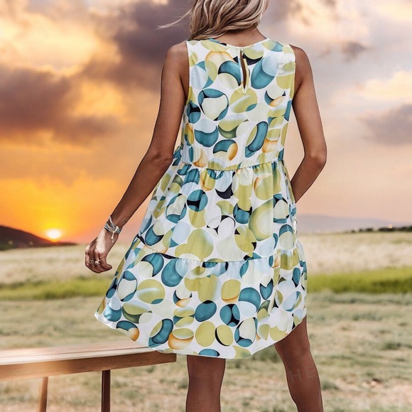 NWOT SHEIN Allover Geometric Print White/Green Sleeveless Smock Dress, L& XL - Picture 12 of 16